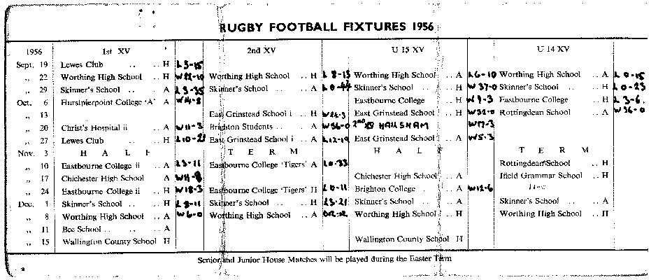 Rugby Football Fixture List 1956