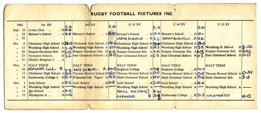 Rugby Football Fixture List 1962