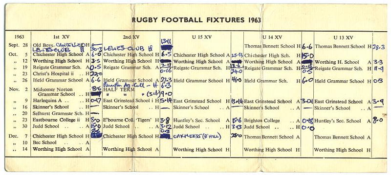 Rugby Football Fixture List 1963