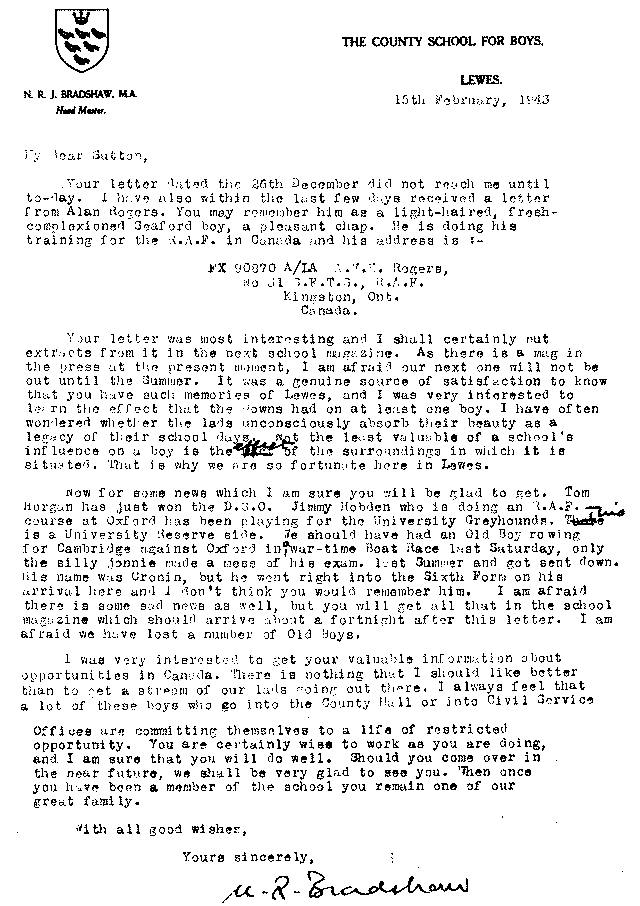 A letter to G D Sutton in 1943