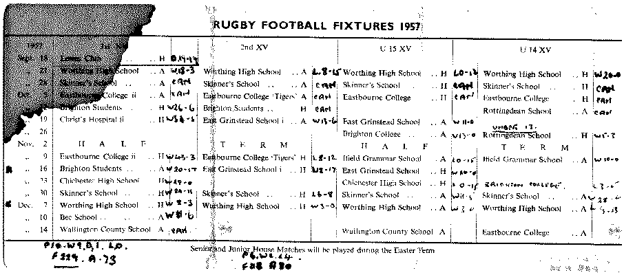 Rugby Football Fixture List 1957