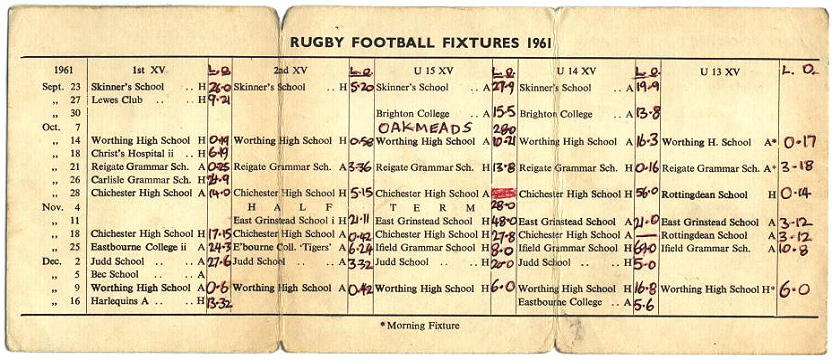 Rugby Football Fixture List 1961